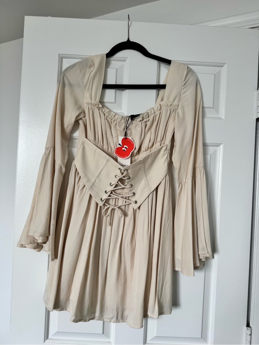 Cider Cream Lace-Up Long Sleeve Peasant Dress